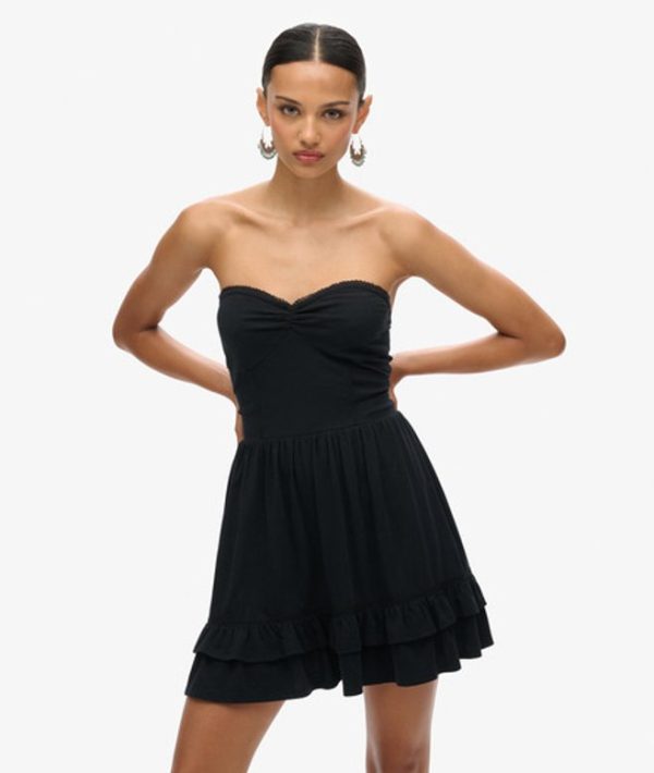 Superdry Women's Cotton 50s Lace Bandeau Mini Dress, Black, Size: 14