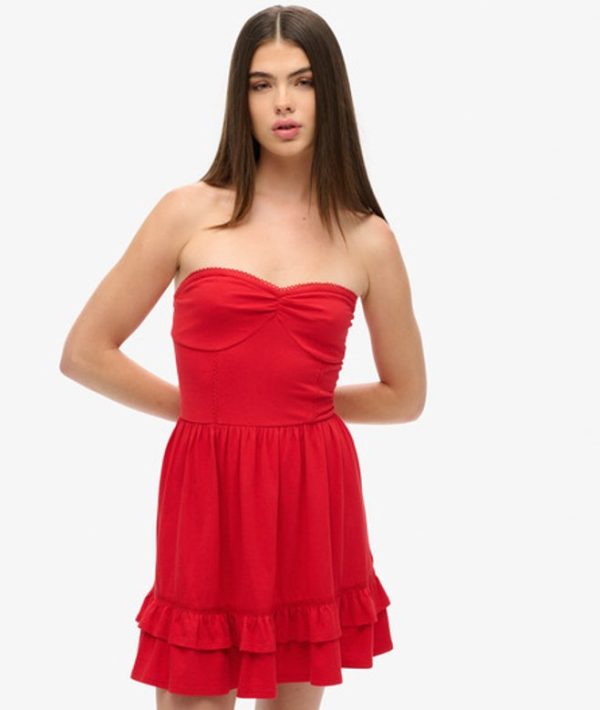 Superdry Women's Cotton 50s Lace Bandeau Mini Dress, Red, Size: 8