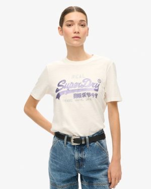 Superdry Women's Embellished VL Graphic T Shirt Cream / Ecru Slub - Size: 8