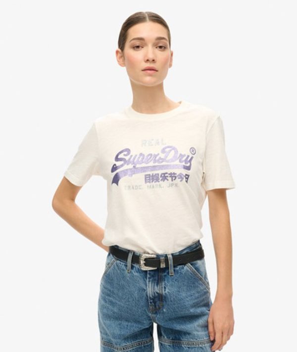 Superdry Women's Embellished VL Graphic T Shirt Cream / Ecru Slub - Size: 8
