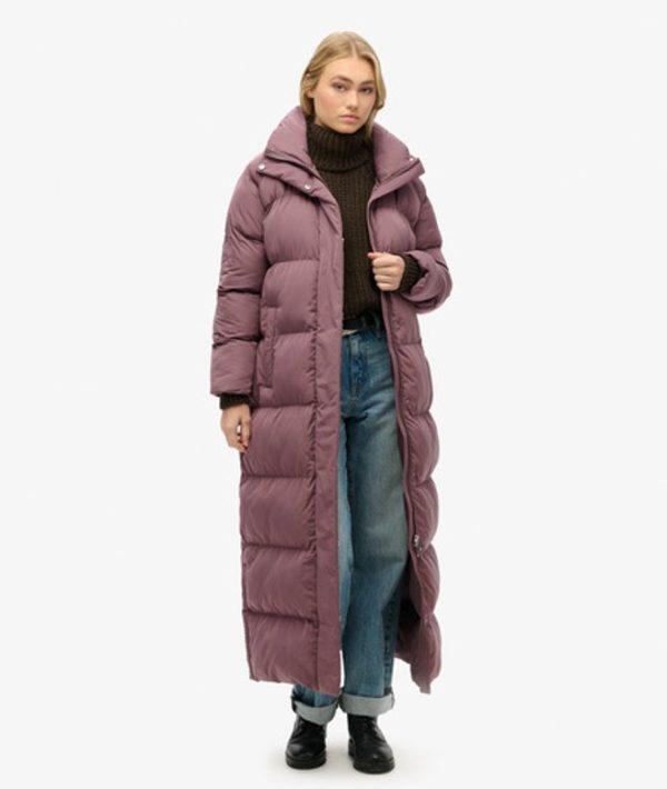 Superdry Women's Embroidered Logo Maxi Longline Puffer Coat, Purple, Size: 8
