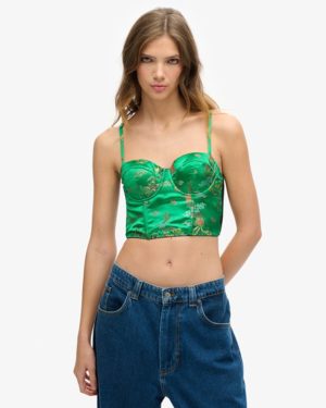Superdry Women's Embroidered Satin Brocade Crop Corset Top, Green, Black and Gold, Size: 14