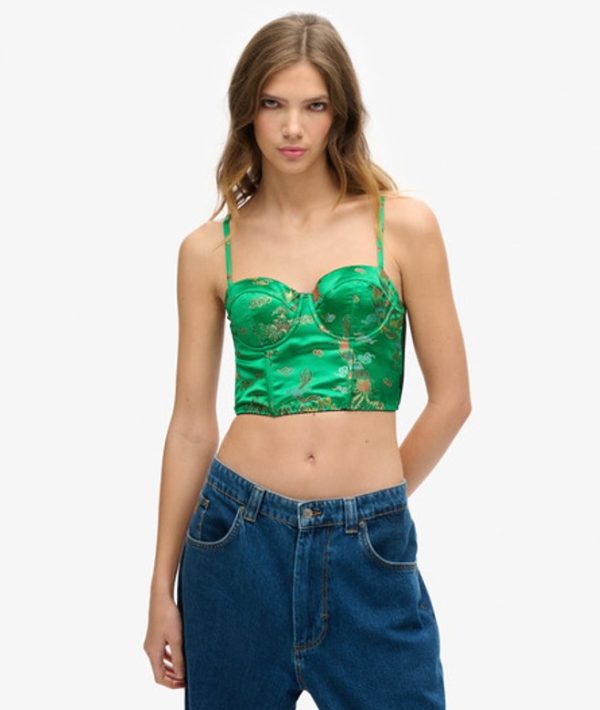 Superdry Women's Embroidered Satin Brocade Crop Corset Top, Green, Black and Gold, Size: 14