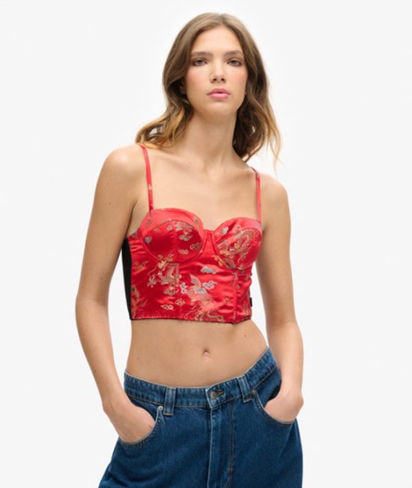 Superdry Women's Embroidered Satin Brocade Crop Corset Top, Red and Gold, Size: 14