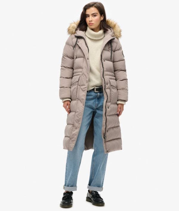 Superdry Women's Everest Faux Fur Longline Coat Beige / Deep Beige Slub - Size: 14