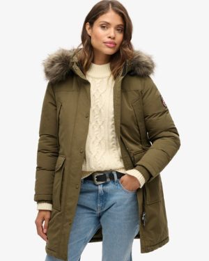 Superdry Women's Everest Faux Fur Parka Coat Green / Grey Marl/jaffa - Size: 6