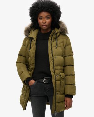 Superdry Women's Everest Mid Faux Fur Puffer Coat Green / Grey Marl/jaffa - Size: 12