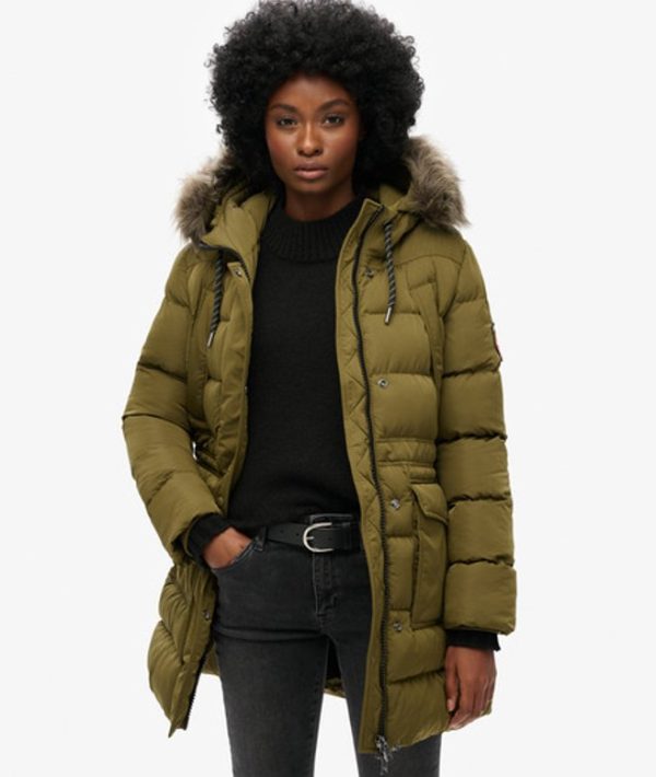 Superdry Women's Everest Mid Faux Fur Puffer Coat Green / Grey Marl/jaffa - Size: 12
