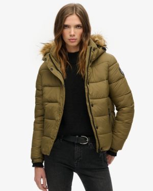 Superdry Women's Faux Fur Short Hooded Puffer Jacket Khaki / Camouflage Khaki - Size: 14