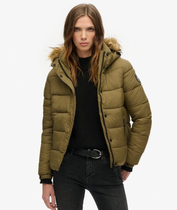 Superdry Women's Faux Fur Short Hooded Puffer Jacket Khaki / Camouflage Khaki - Size: 14
