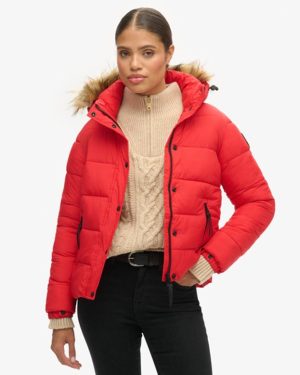 Superdry Women's Faux Fur Short Hooded Puffer Jacket Red / High Risk Red - Size: 16