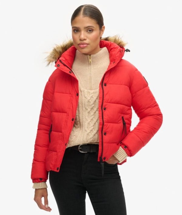 Superdry Women's Faux Fur Short Hooded Puffer Jacket Red / High Risk Red - Size: 16