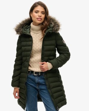 Superdry Women's Fuji Faux Fur Hood Mid Length Puffer Coat Green / Surplus Goods Olive Green - Size: 14