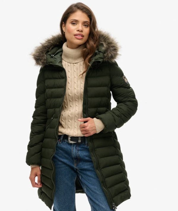 Superdry Women's Fuji Faux Fur Hood Mid Length Puffer Coat Green / Surplus Goods Olive Green - Size: 14