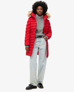Superdry Women's Fuji Faux Fur Hood Mid Length Puffer Coat Red - Size: 10