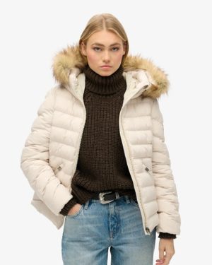 Superdry Women's Fuji Faux Fur Hooded Padded Jacket Beige / Rainy Day Grey - Size: 8