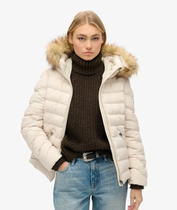 Superdry Women's Fuji Faux Fur Hooded Padded Jacket Beige / Rainy Day Grey - Size: 8