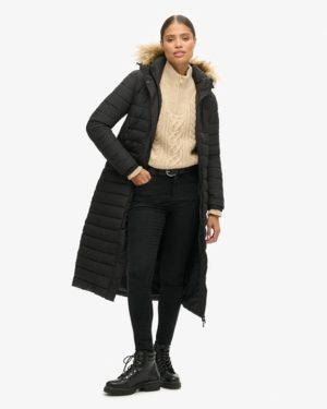 Superdry Women's Fuji Hooded Longline Puffer Coat Black - Size: 6