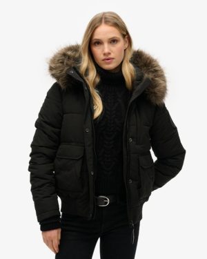 Superdry Women's Fully Lined Embroidered Badge Hooded Everest Puffer Bomber Jacket, Dark Grey, Size: 8