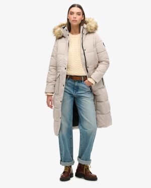Superdry Women's Fully Lined Quilted Everest Longline Puffer Coat, Beige, Size: 10