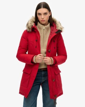 Superdry Women's Hooded Faux Fur Down Parka Coat Red / Chilli Pepper - Size: 6