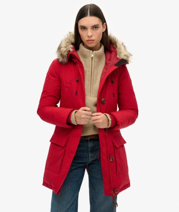Superdry Women's Hooded Faux Fur Down Parka Coat Red / Chilli Pepper - Size: 6