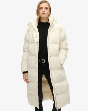 Superdry Women's Hooded Longline Puffer Coat White / Off White - Size: 10