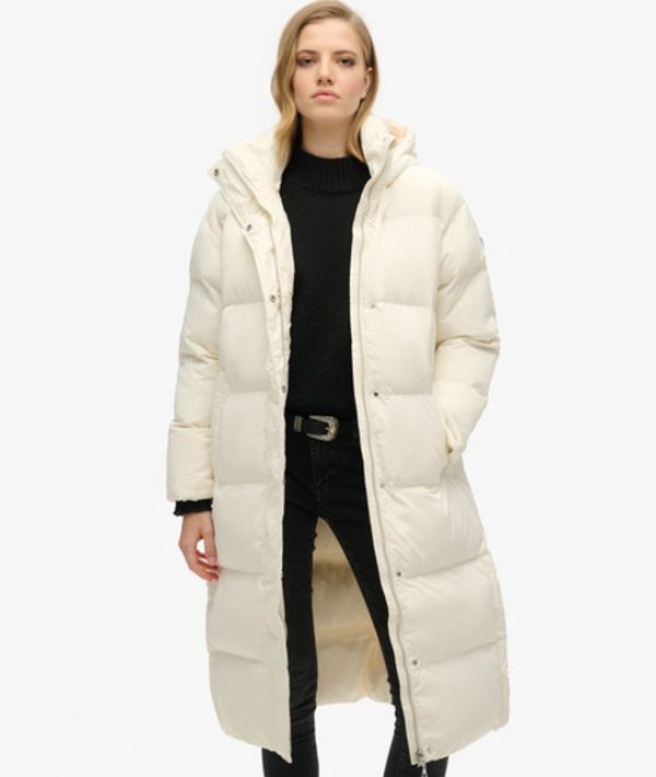 Superdry Women's Hooded Longline Puffer Coat White / Off White - Size: 10