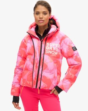 Superdry Women's Hooded Ski Boxy Puffer Jacket Pink / Brush Camo Coral - Size: 8