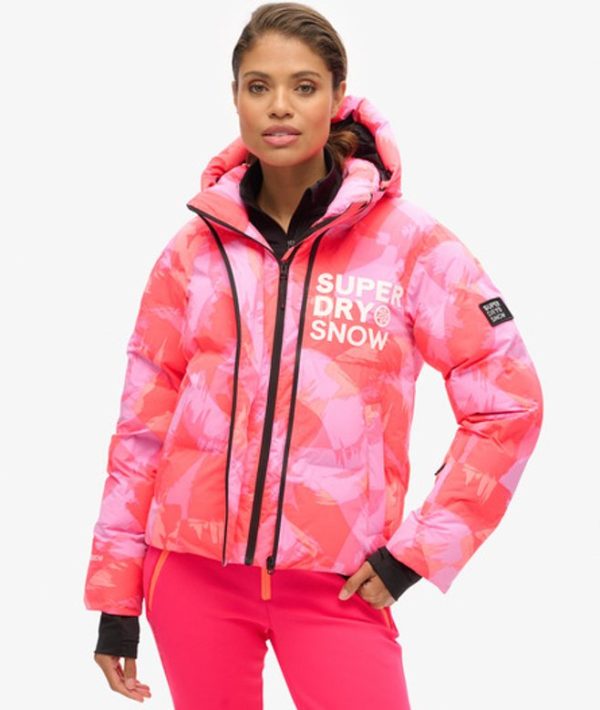 Superdry Women's Hooded Ski Boxy Puffer Jacket Pink / Brush Camo Coral - Size: 8