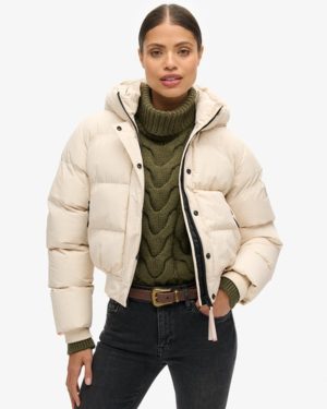 Superdry Women's Hooded Sports Puffer Bomber Jacket Grey / Off Grey - Size: 6