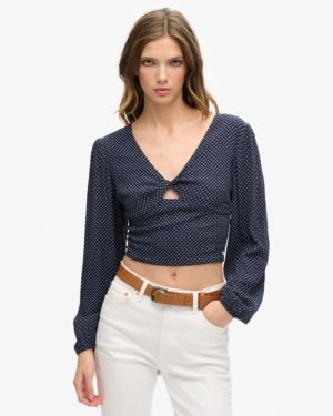 Superdry Women's Long Sleeve Woven Crop Top Navy / Scotty Navy - Size: 12