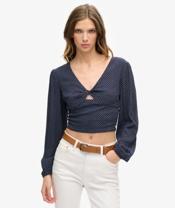 Superdry Women's Long Sleeve Woven Crop Top Navy / Scotty Navy - Size: 12
