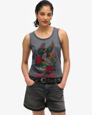 Superdry Women's Neo Trad Tattoo Scoop Neck Tank Top Black / Washed Black Slub - Size: 12