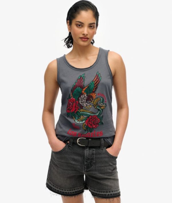 Superdry Women's Neo Trad Tattoo Scoop Neck Tank Top Black / Washed Black Slub - Size: 12