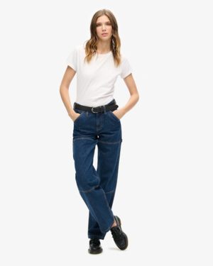 Superdry Women's Organic Cotton Mid Rise Denim Carpenter Jeans Dark Blue / Rinse Blue - Size: 28/32