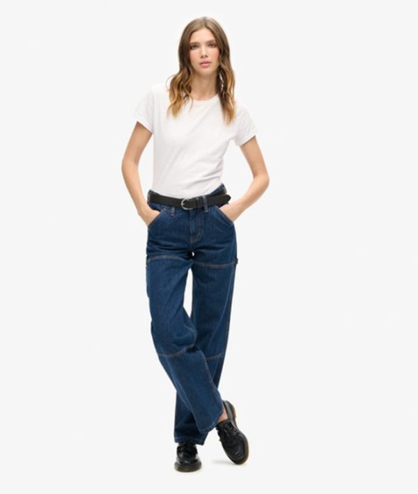Superdry Women's Organic Cotton Mid Rise Denim Carpenter Jeans Dark Blue / Rinse Blue - Size: 28/32