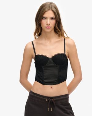 Superdry Women's Satin and Mesh Lace Corset Top Black - Size: 14