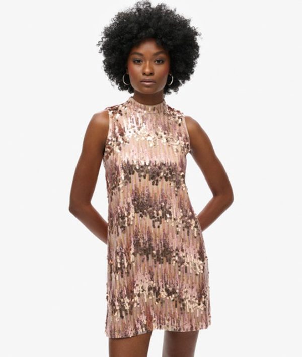 Superdry Women's Sequin A-Line SL Mini Dress, Pink and Silver, Size: 10