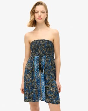 Superdry Women's Slim Fit Paisley Bandeau Dress, Navy Blue and Gold, Size: 16