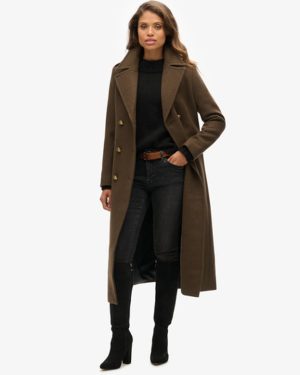 Superdry Women's Slim Fit Wool Double Breasted Coat, Dark Khaki, Size: 14