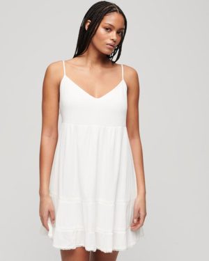 Superdry Women's V-neck Mini Cami Beach Dress, White, Size: 6 Cream / Off White