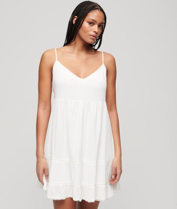 Superdry Women's V-neck Mini Cami Beach Dress, White, Size: 6 Cream / Off White