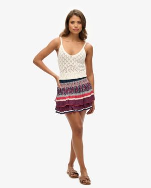 Superdry Women's Vintage Tiered Mini Skirt Cream / Linear Ikat Border Print - Size: 16