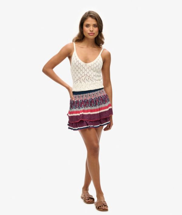 Superdry Women's Vintage Tiered Mini Skirt Cream / Linear Ikat Border Print - Size: 16