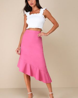 Sweet Destiny Pink Asymmetrical Ruffled Midi Skirt