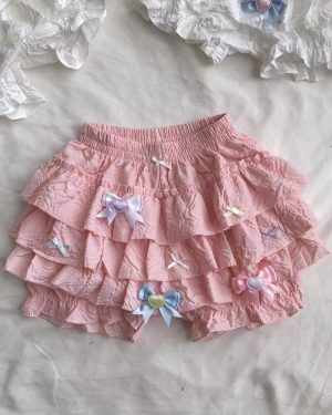 Sweet Lolita Bloomers Pink Bows Ruffles Flared Lolita Pant