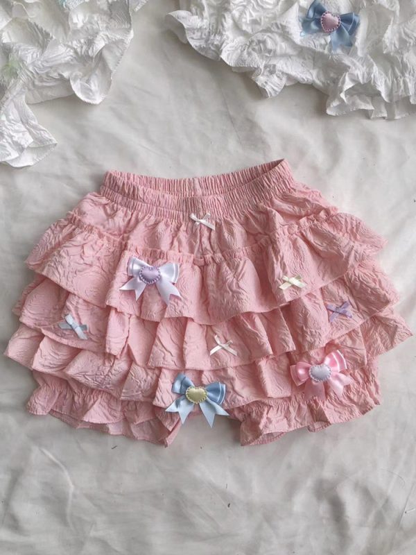 Sweet Lolita Bloomers Pink Bows Ruffles Flared Lolita Pant