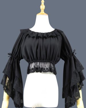 Sweet Lolita Blouse Lace Ruffle Bow Hime Sleeve Chiffon Black Lolita Crop Top