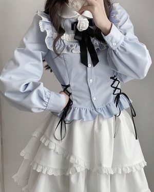 Sweet Lolita Blouses Light Sky Blue Long Sleeves Lolita Top Lace up Flowers Lolita Shirt